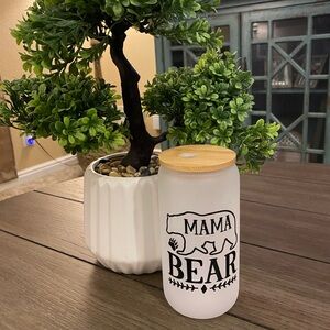 16oz handmade frosted tumbler with bamboo lid & straw. Mama Bear, waterproof.